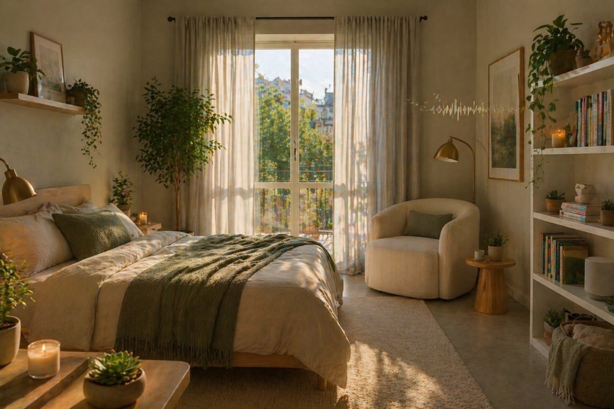Dormitorio con tonos crudos y tejidos naturales