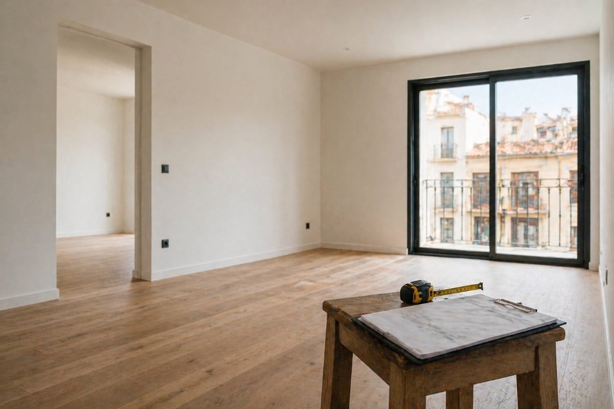 Etiqueta de eficiencia energética sobre plano de planta de vivienda