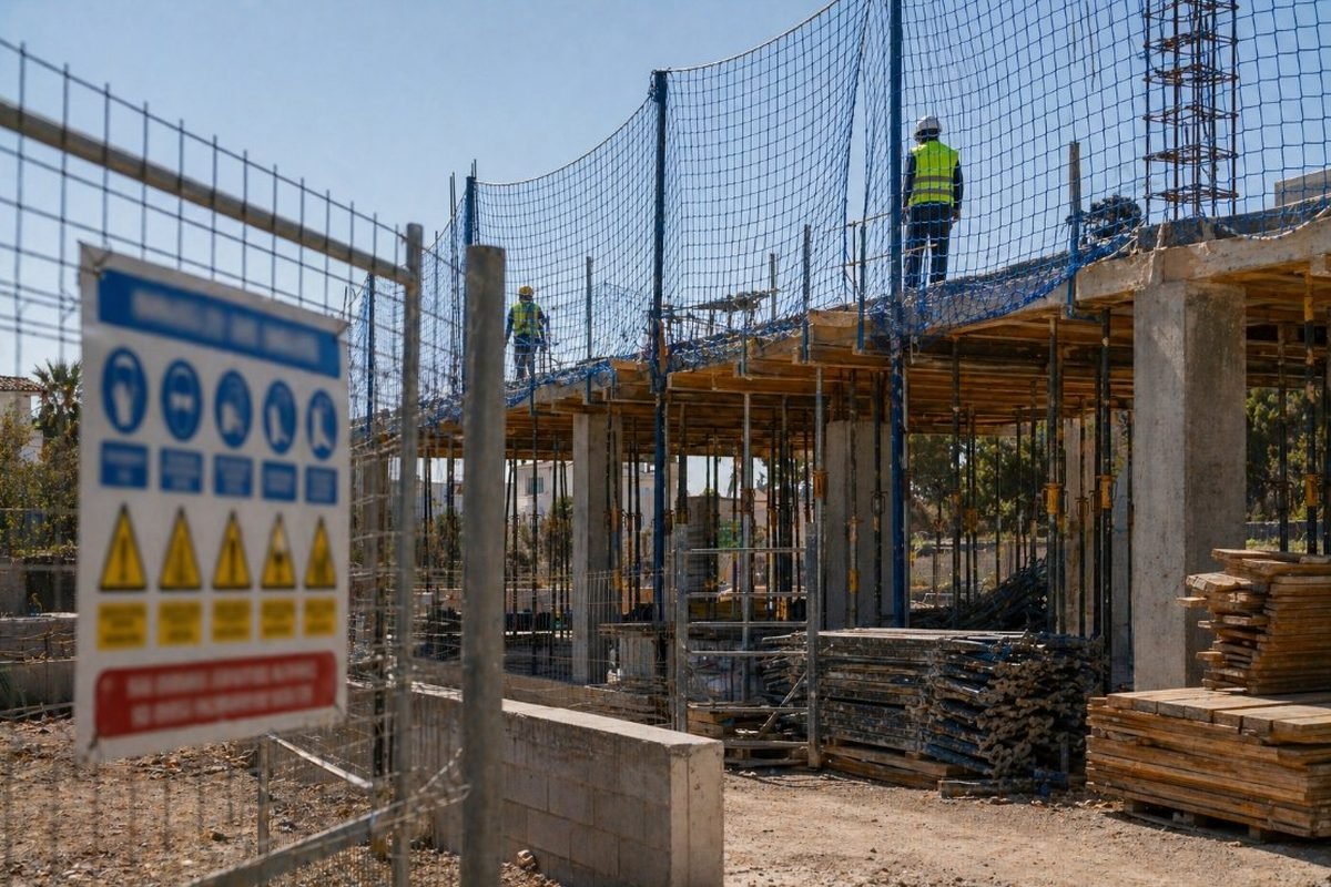 Obra plurifamiliar con andamios, redes y señalización de seguridad