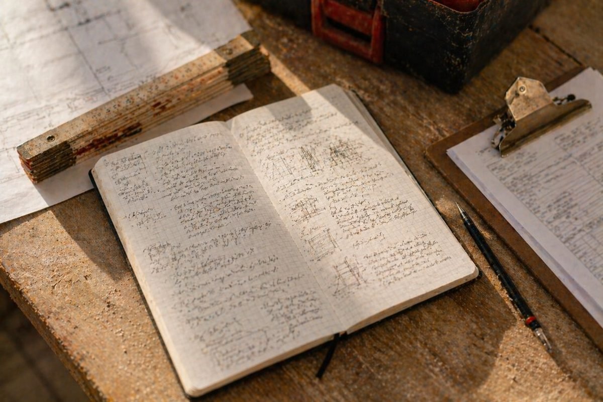 Cuaderno de obra con anotaciones técnicas y regla plegable