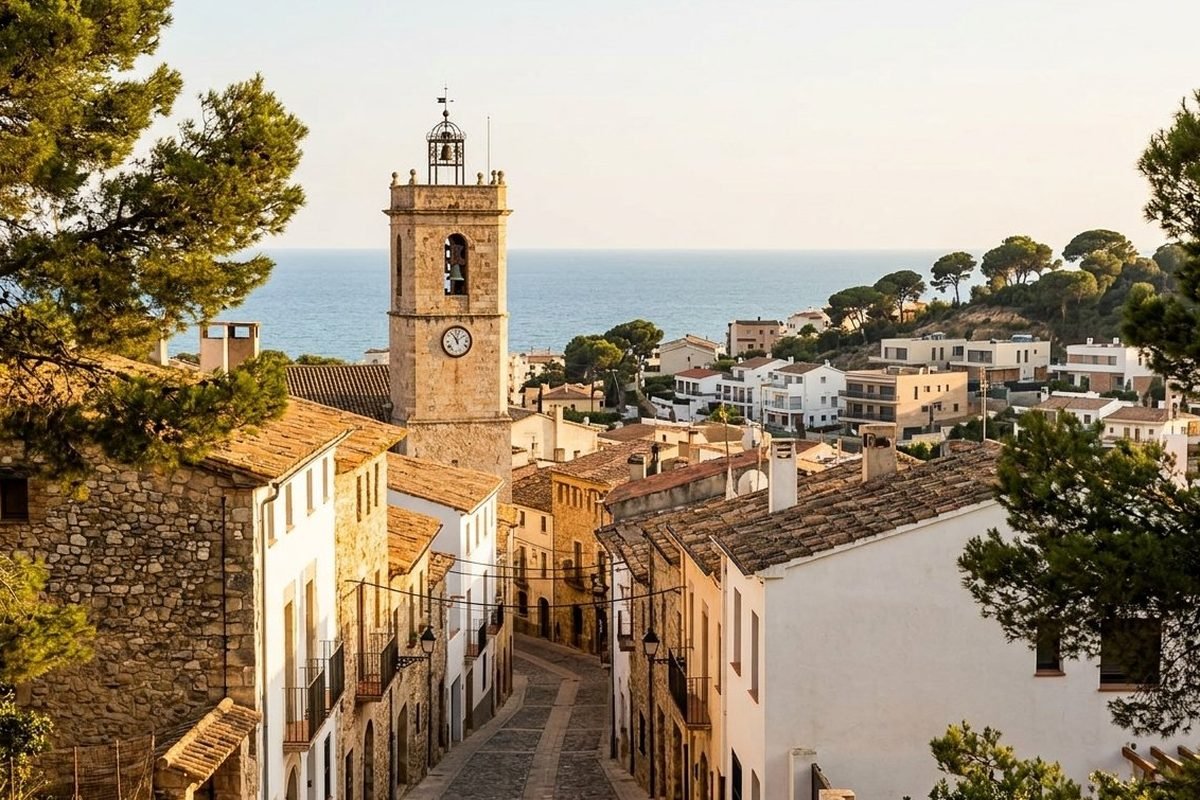 Pueblo de Calafell con el castillo medieval en lo alto y casas blancas bajando hacia el mar