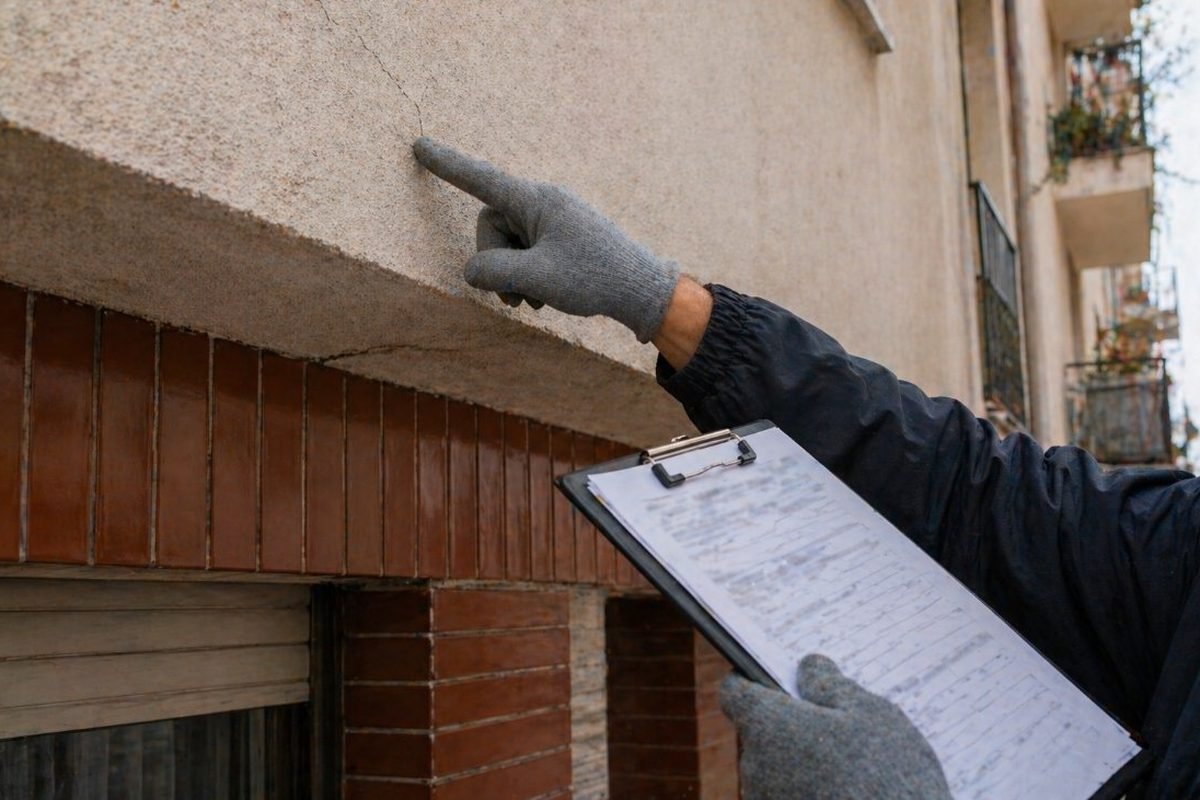 Inspección técnica con tablet midiendo eficiencia energética en pasillo de edificio