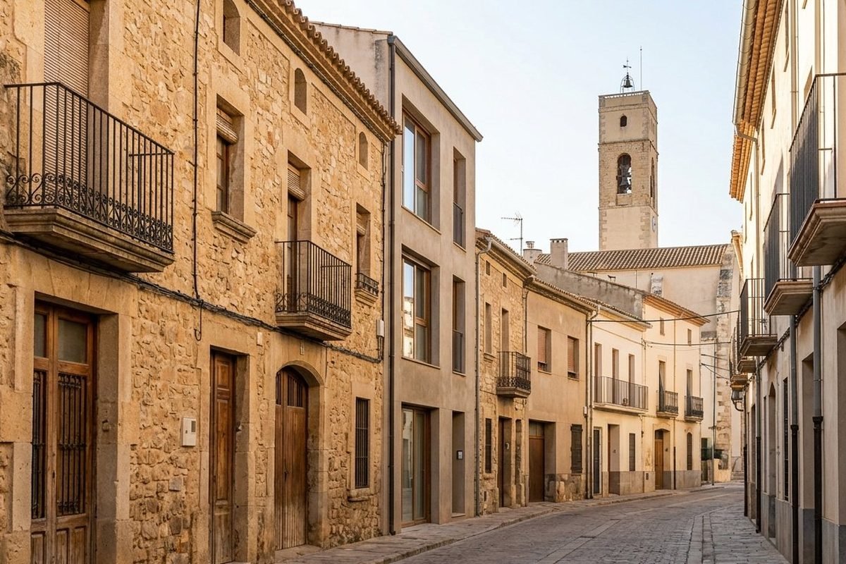 Mostrador del despacho de arquitectura Reusarqui con lámparas de cobre y maqueta arquitectónica