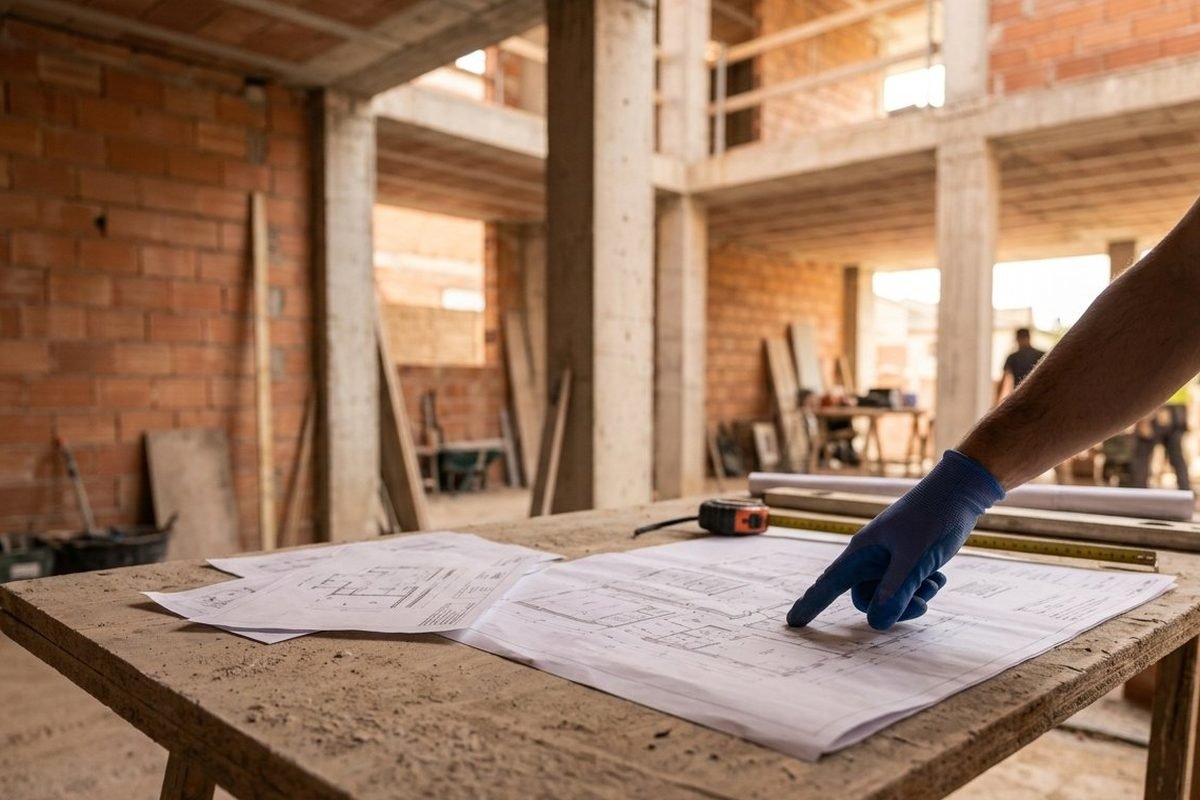 Mano enguantada señalando plano sobre mesa de obra con ladrillo visto