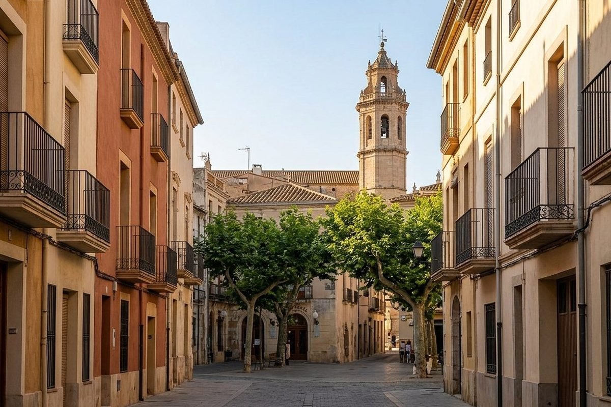 Calle céntrica de El Vendrell con plaza, plátanos y arquitectura tradicional catalana del Baix Penedès