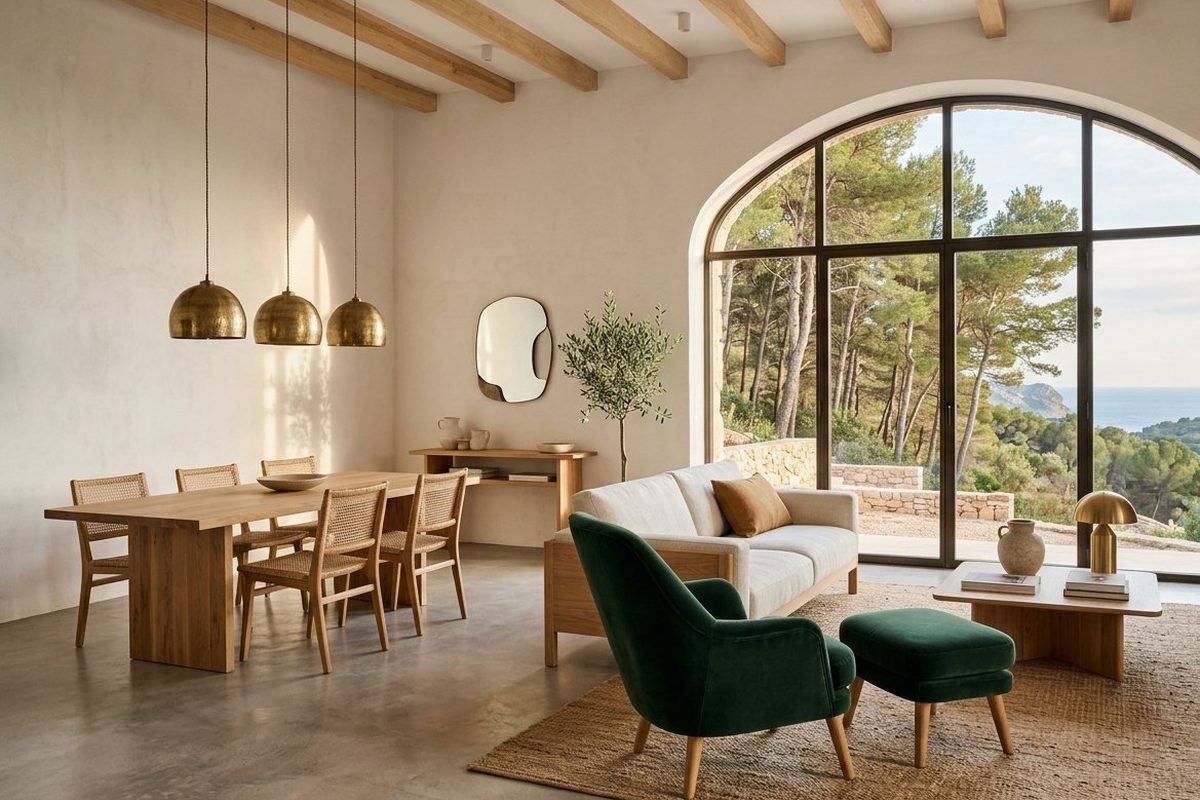 Salón mediterráneo contemporáneo con sillón verde velvet y ventana arqueada