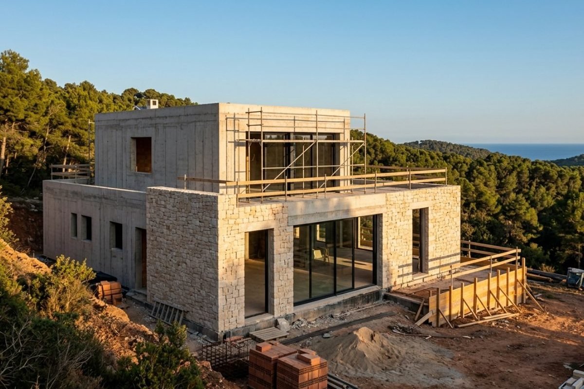 Vivienda mediterránea en construcción con hormigón visto y muros de piedra natural