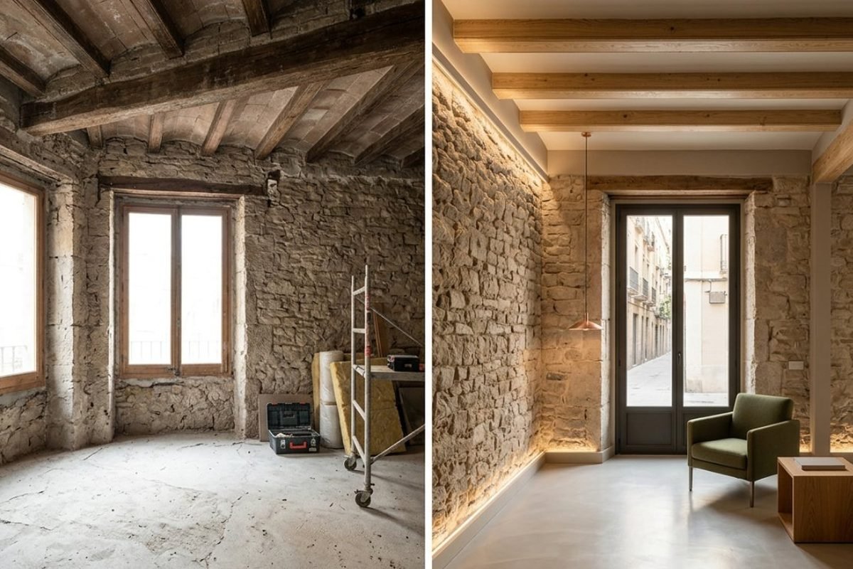 Antes y después de rehabilitación de piso catalán con paredes de piedra restauradas