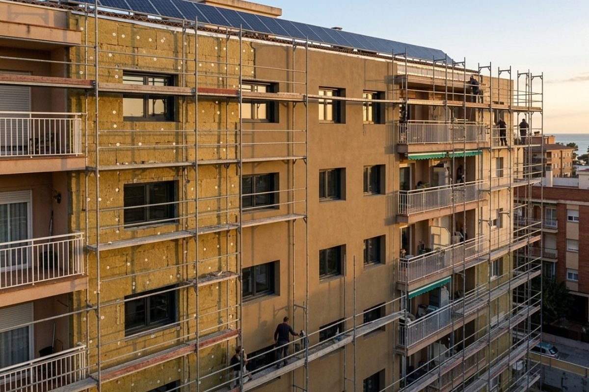 Edificio plurifamiliar con sistema SATE y placas solares en cubierta