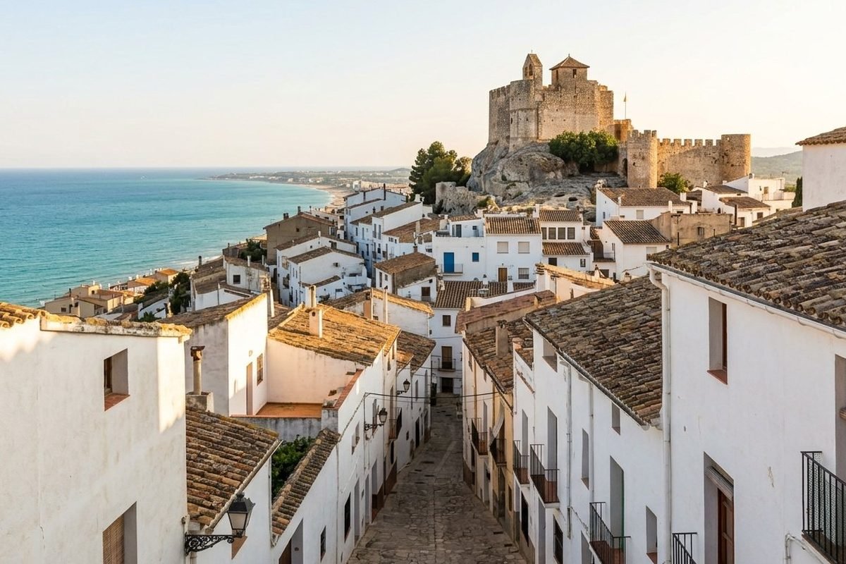 Vista del pueblo costero de Torredembarra con torre campanario, casas de piedra y mar Mediterráneo al fondo
