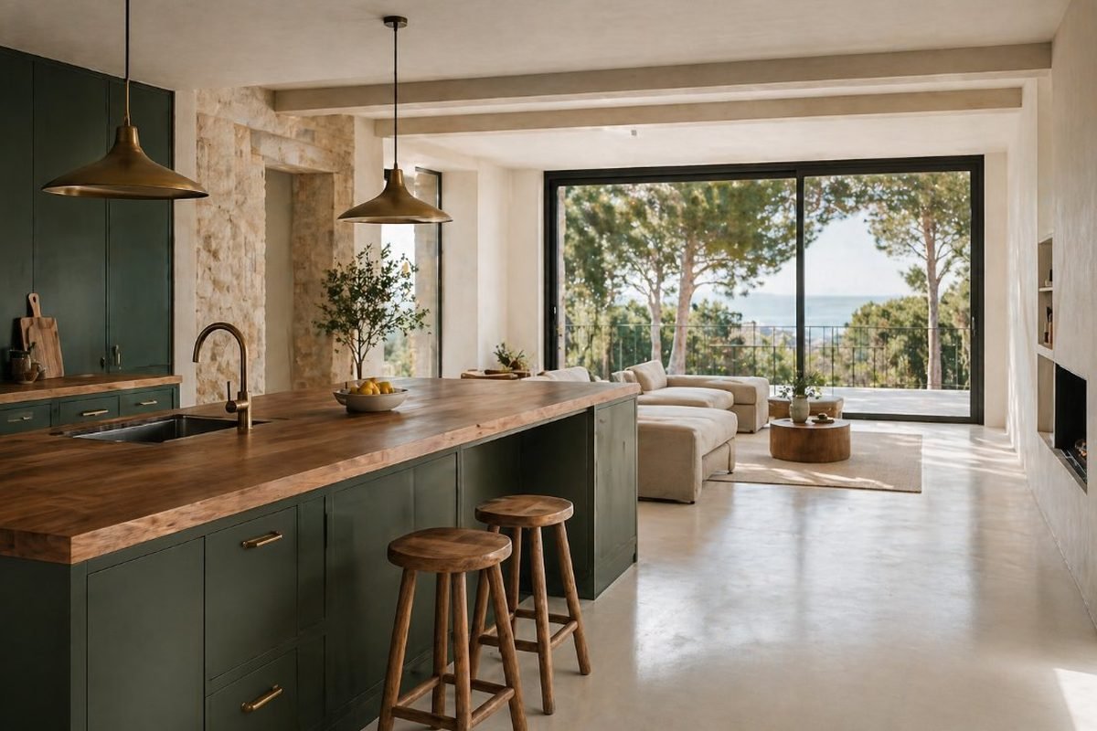 Cocina abierta reformada con isla de madera y mobiliario verde