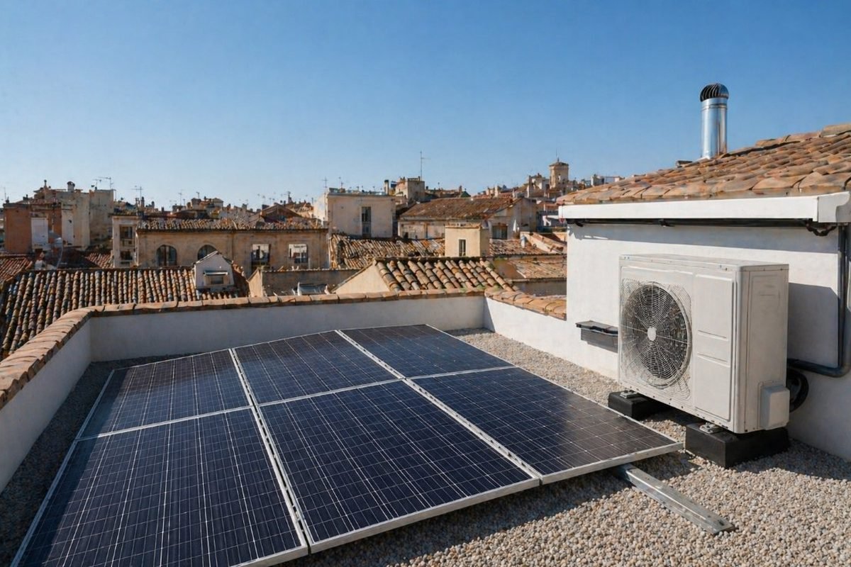 Cubierta con placas fotovoltaicas y aerotermia sobre tejados de Reus